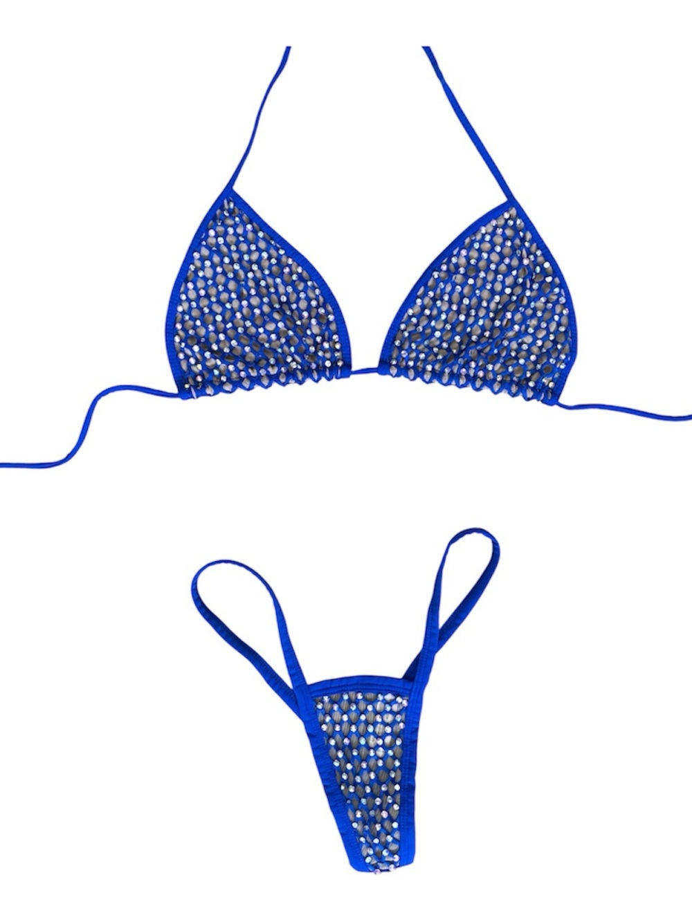 Candyland Royal Blue Bedazzled Mesh Triangle Bra & Thong Lingerie Set M/L